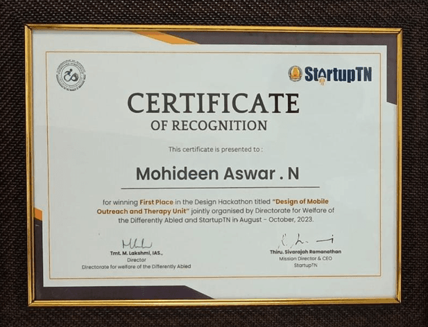 Certificate of Recognition awarded to TrueSpur's founder for winning first place in the StartupTN Design Hackathon